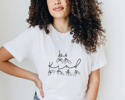 Be Kind with BSL Makaton Alphabet design on white t-shirt 