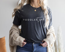 Load image into Gallery viewer, dark grey t-shirt featuring toddler tired slogan in white
